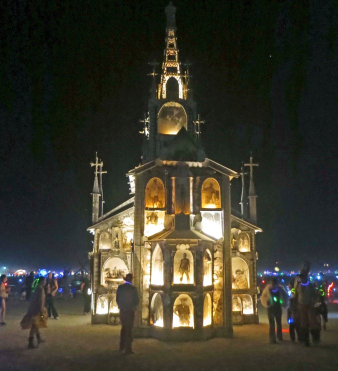 The cathedral lit up at night.