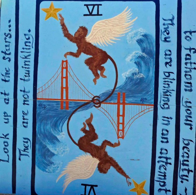 Monkey mural and Golden Gate Bridge with message.