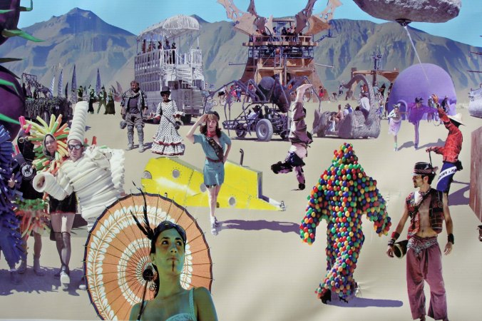 This photograph montage created by the Montage Camp is composed of a number of different photos taken at Burning Man. Take a close look. It is what you might see on a typical day.