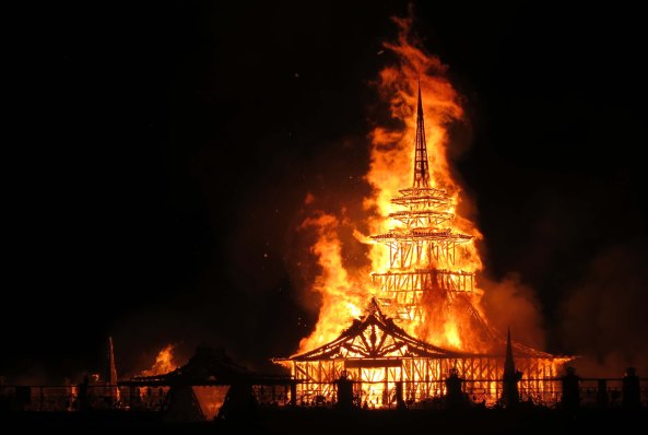 The Temple burns on Sunday Night. Unlike the Burning of the Man which is a bit on the rowdy side, Burners watch silently and respectfully as the Temple Burns.