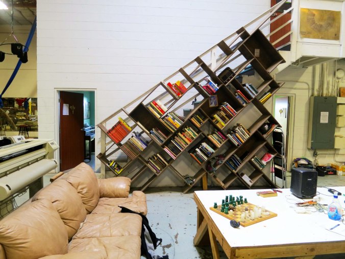 Strange book shelf arrangement at the Generator art warehouse in Reno, Nevada.