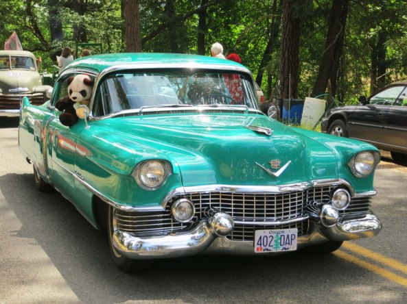 Old cars galore participate in the parade. This caddy featured a panda.