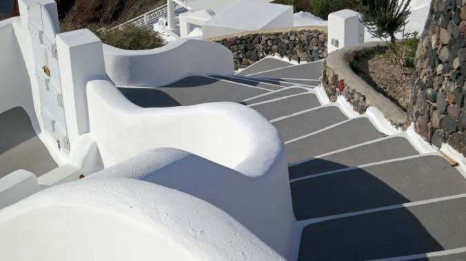 Forget elevators, escalators, or roads. You get to and from your home, motel, etc. by walking up and down stairs.