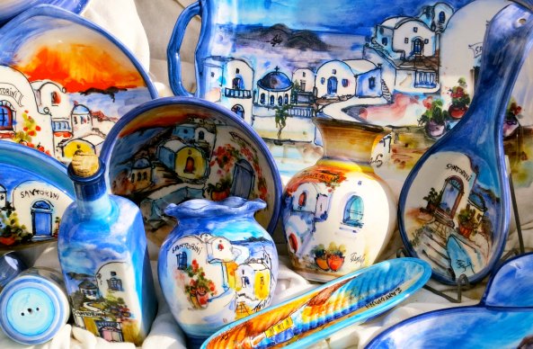 Normally I avoid tourist souvenirs, and I did this time. I did think these plates and vases did a good job of representing the color of Santorini.
