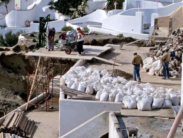 For get modern excavation equipment when it comes to building on the sides of the volcano. How are you going to get a back hoe and dump trucks down a narrow star way?