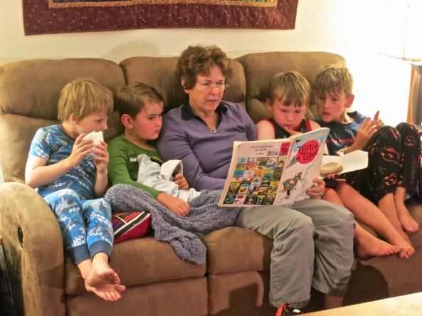 Among other things, our living room was give over to reading. Peggy has the boys full attention on this one.