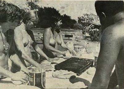 Chosen Family members making bread at Rancho Olompali that will be distributed by the Diggers for free in San Francisco. Clothing was optional. (Photo from the Berkeley Barb.)