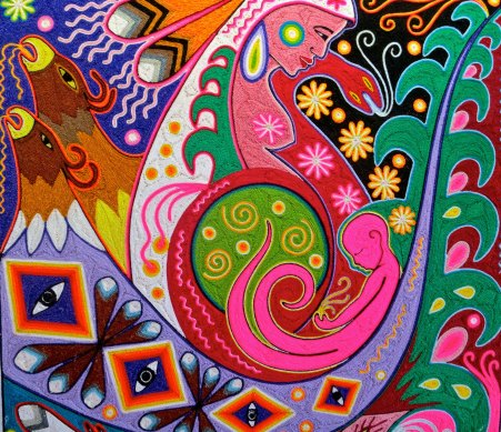 In this Huichol string painting, I couldn't help but believe that even the baby was shape shifting. A squid, perhaps?