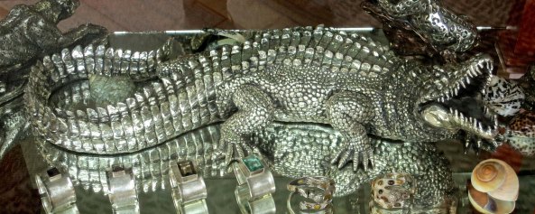 I found this three foot alligator in Old Town Puerto Vallarta, but similar silver gifts are available along the Malecon. Armed guards were outside and inside the store. 