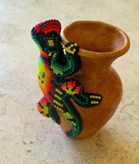 This small vase with a beaded iguana was made by our friend, Ernesto, a Huichol Indian, for our grandson Ethan whom he had met two years ago.