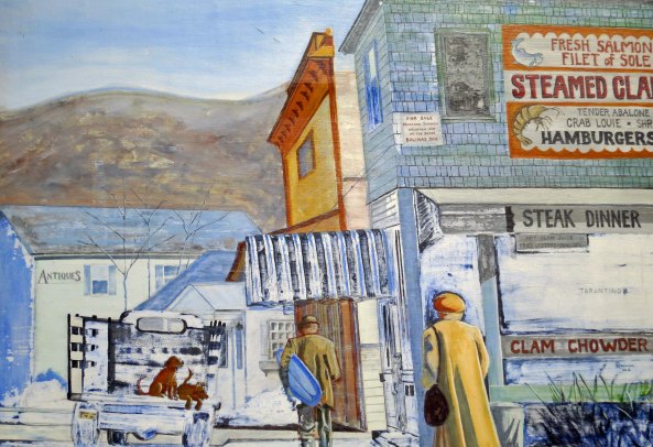 A Mural in Olema, California that provides a look at what the community looked like when it served as the sending station of Marconi telegraph. The blue surfboard represents a bit of artist creativity. (grin)