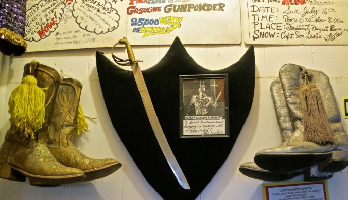 Captain Don's first sword he ever swallowed and his boots hang on display at the Triangle Tattoo and Museum.