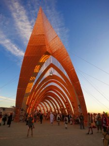 The Temple of Promise at Burning Man in 2015 is caught by the morning sun.