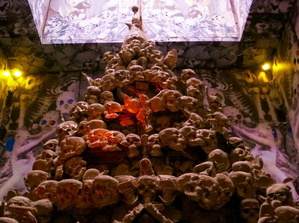The confessional booth inside the temple included this tower of skulls. Strange, yes, but I once visited a church in Evora, Portugal whose walls and ceilings were made of skulls, real ones.