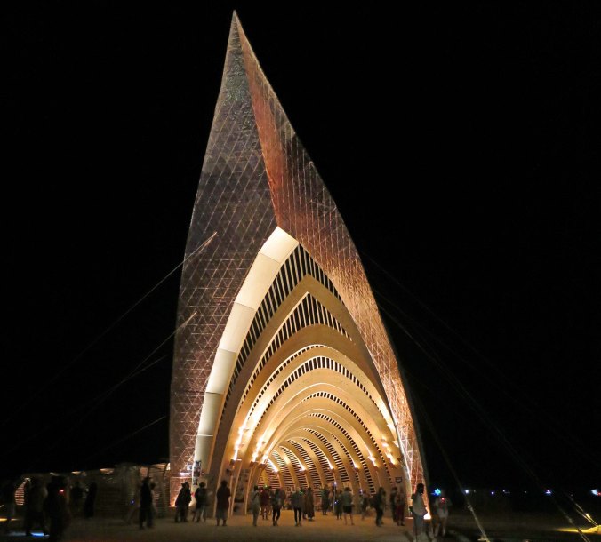 The front of the Temple at night.