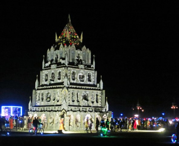 A view of the Totem of Confession at night.