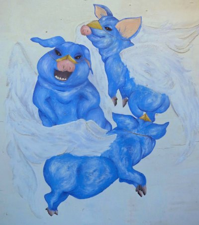 Three angelic flying pigs.