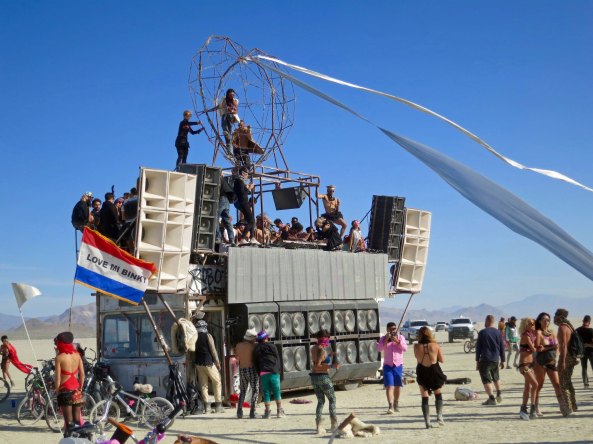 This vehicle provides one of Burning Man's popular dance venues and can usually be found parked at the same place on the Playa. Check out the speakers.