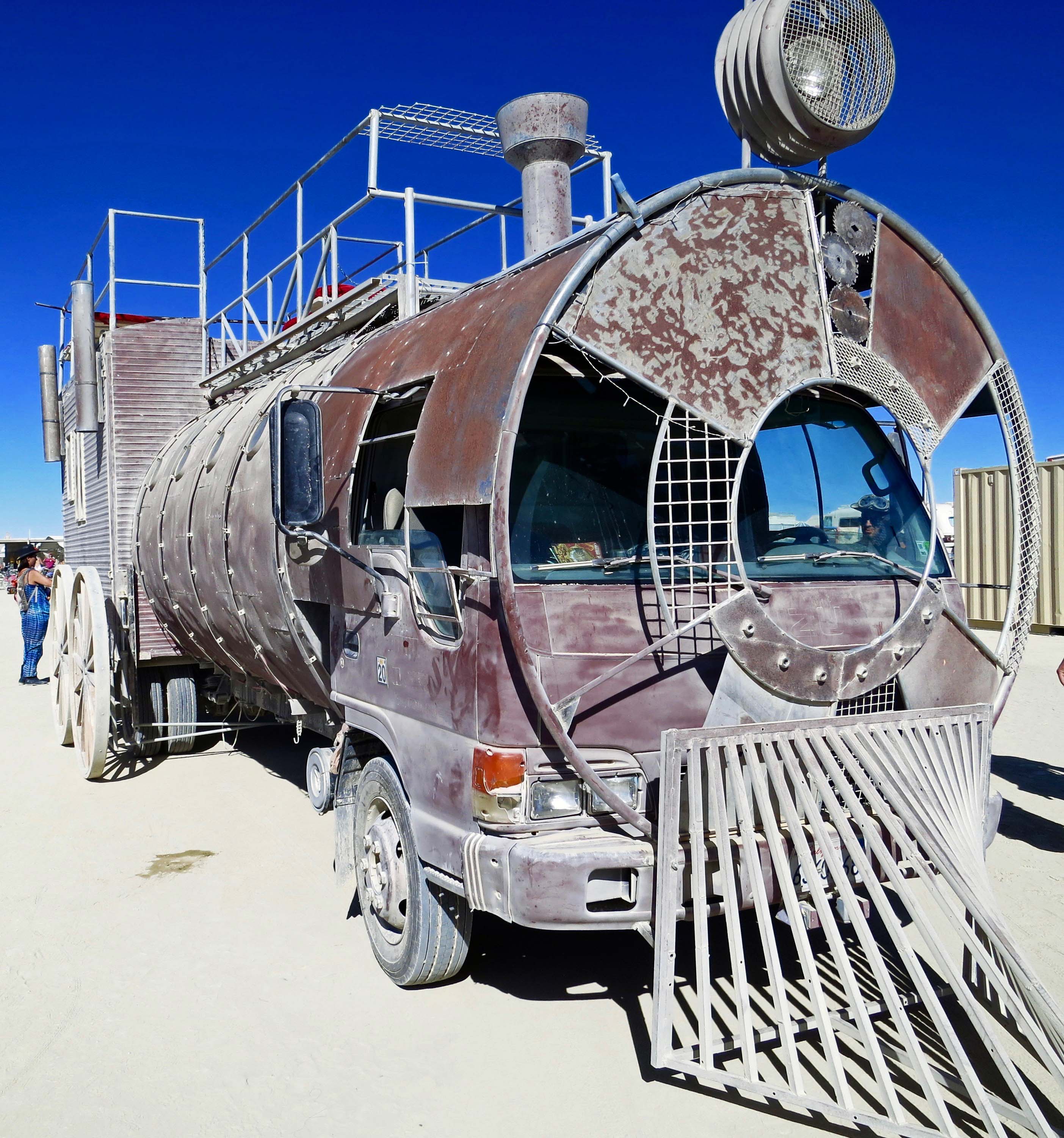 4 Train engine mutant vahicle at Burning Man 2015