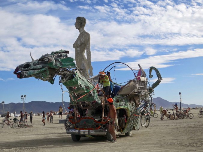 The green dragon provided a ride out to admire R-Evolution and other art pieces on the Playa.