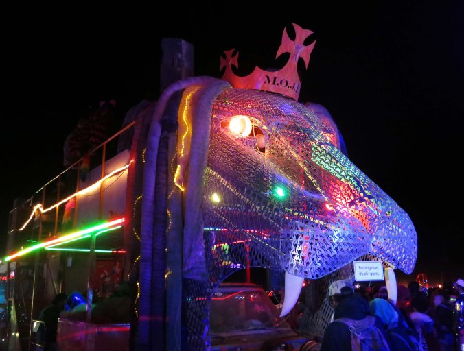 7 King of Beasts Mutant Vehicle at night Burning Man 2015