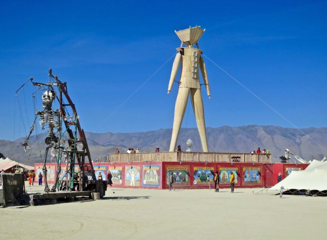 A large skeleton puppet had ropes that Burners could use to make the skeleton dance.