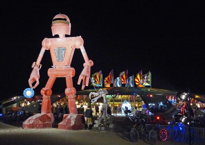 Burning Man robot in front of Center Camp Cafe