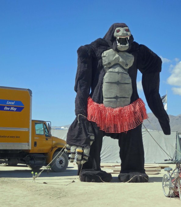 The fun of going on a walkabout at Burning Man is you never know what will come up next, such as King Kong wearing a tutu.
