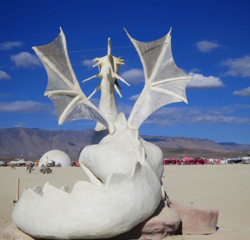 Rear view of White dragon sculpture at Burning Man 