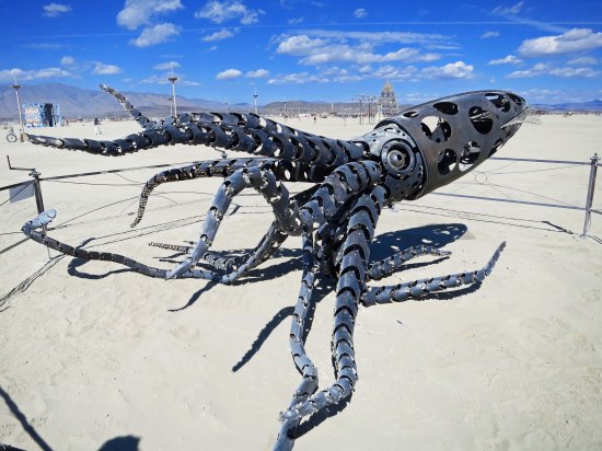 A giant squid by Barry Crawford of Elko, Nevada. Cranks around the edges allowed Burners to move the tentacles. Take a look at its eye.