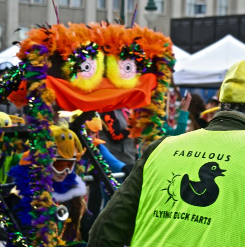 The strange looking creature here is a decorated outhouse that belongs to