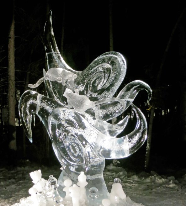 "Nature of Conflict" ice art sculpture at the 2016 World Ice Art Championships.