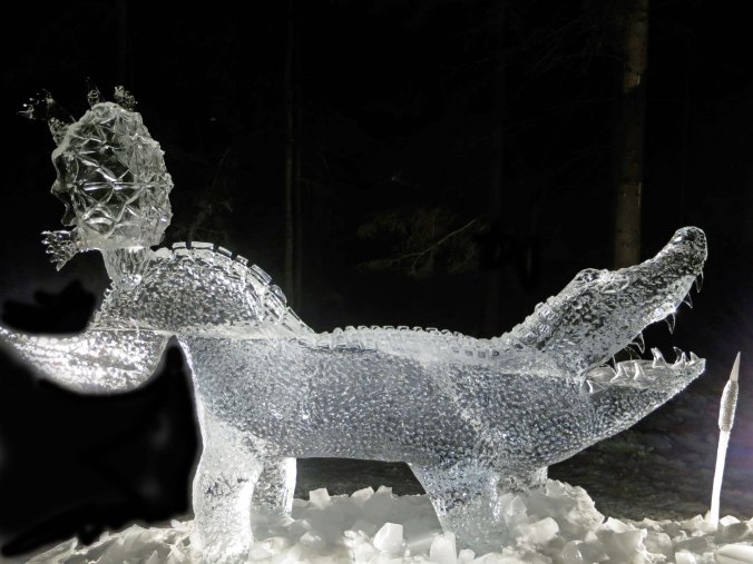 "Snapped" ice carving sculpture at night at the 2016 World Ice Art Championships in Fairbanks, Alaska