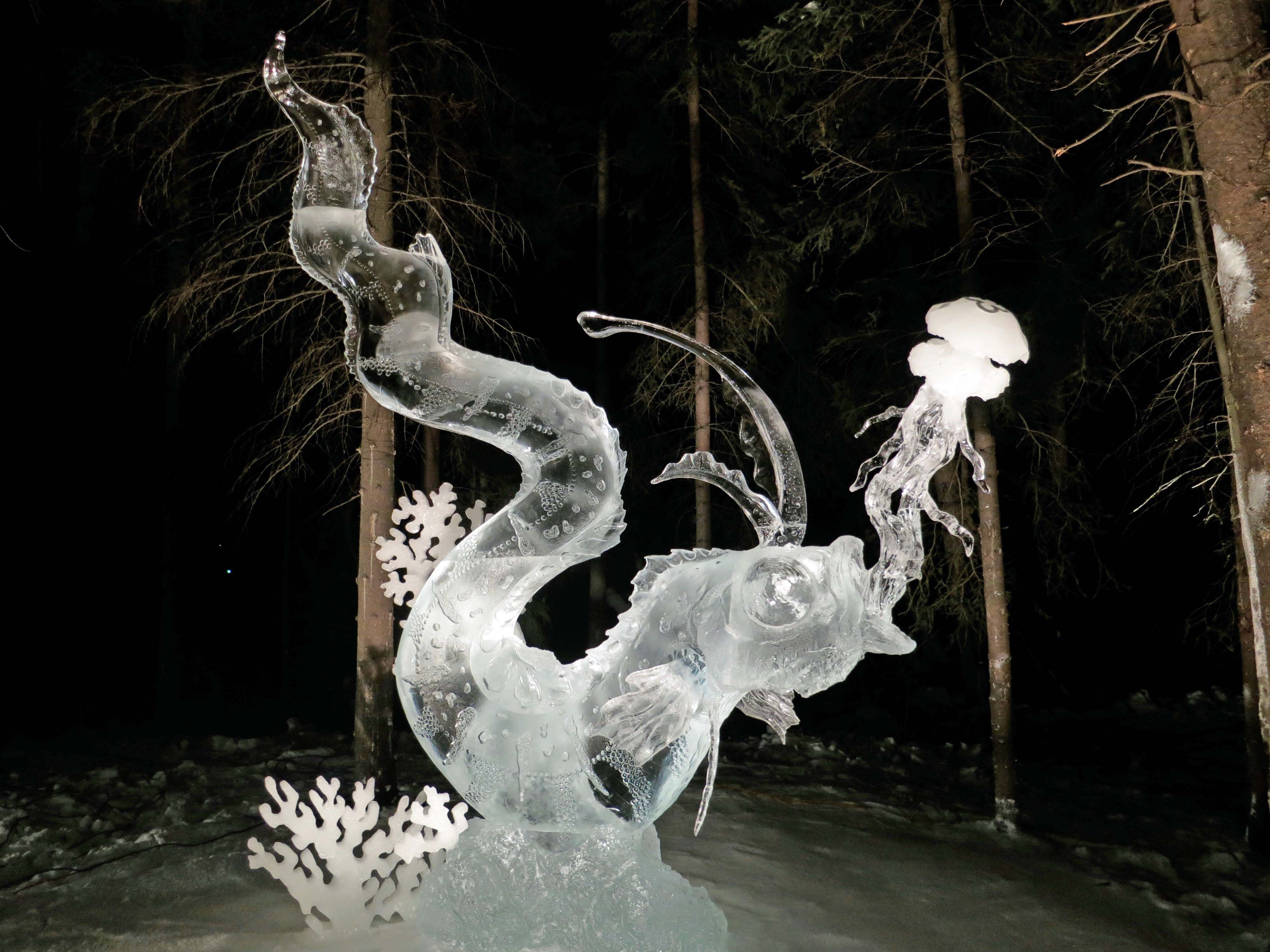 The "Jellyfish Hunter" lit up at night at the 2016 Word Ice Art Championships in Fairbanks.