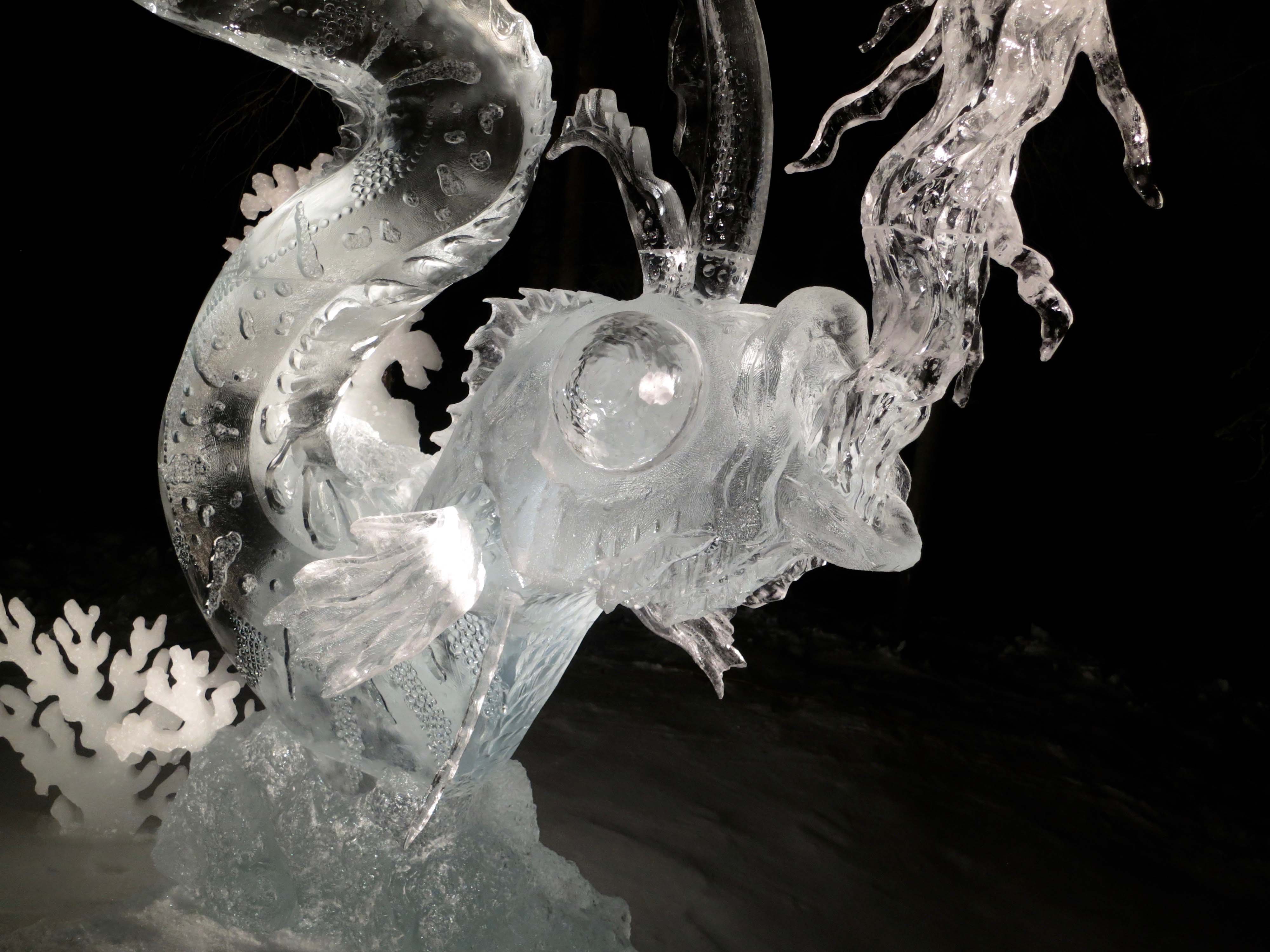 A close up of the Jelly Fish Hunter at the 2016 Word Ice Art Championships in Fairbanks.