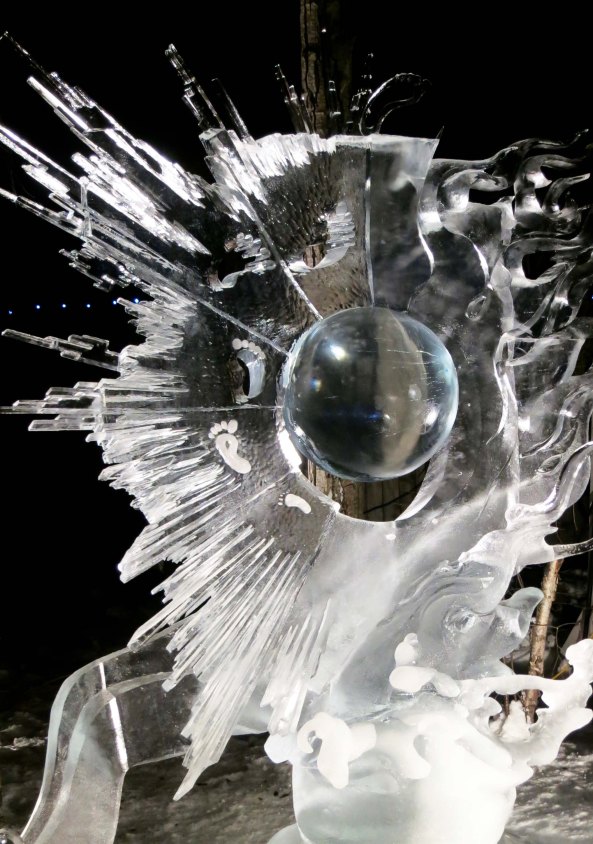 The Beginning of Time ice carving sculpture at the 2016 World Ice Art Championships in Fairbanks, Alaska.