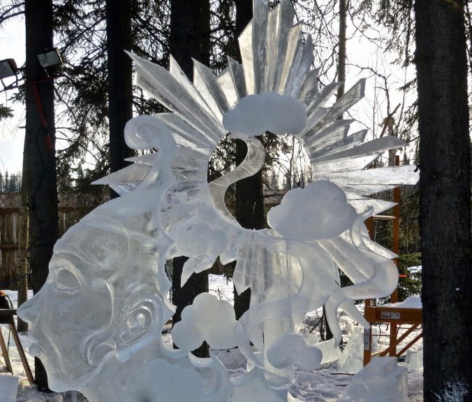 The "North Wind and Sun" sculpture at the 2016 Word Ice Art Championships in Fairbanks.
