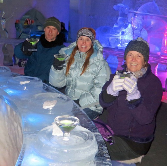 Here we are toasting out of carved ice glasses at a bar made out of ice, while sitting on ice chairs. We had hoped to be toasting Tony's appointment as a commander at the US Naval Academy in Connecticut. He did receive the appointment, but not until after we had returned to Oregon.