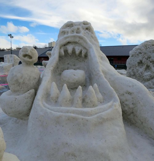 Calvin and Hobbes snow monster at 2016 Fur Rendezvous in Anchorage, Alaska