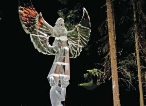 "H^2" ice carving sculpture at the 2016 World Ice Art Championships in Fairbanks, Alaska.
