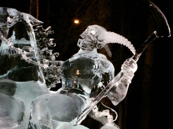 Close up of ice sculpture "Soul Collector" at the 2016 World Ice Art Championships.