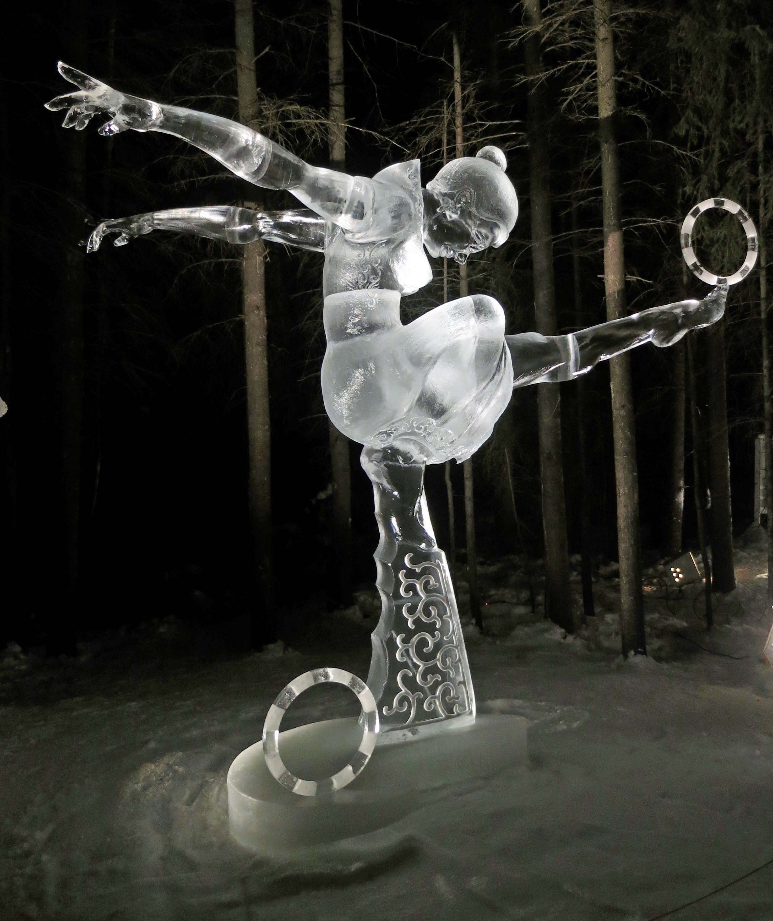 A full view of the sculpture Concentration at the 2016 Word Ice Art Championships in Fairbanks.