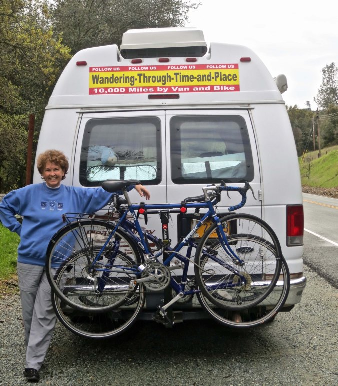 Peggy has volunteered to drive the whole trip so I can take photos and write notes. What a woman! Eeyore, another of our travel companions peers out the back window.