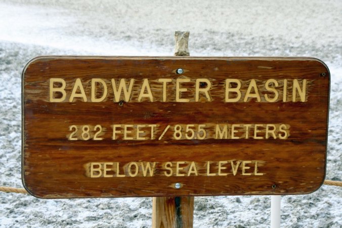 Here's Bone at the lowest point in North America in Bad Water Basin in Death Valley, 282 feet below sea level. (He was there on the bike trek and has since returned.)