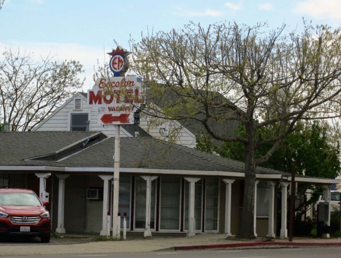 The Escalon Motel as It looks today. Peggy and I stopped for a photo. Several restaurants and a Starbucks are now located nearby and the motel looked like it had received a recent paint job.