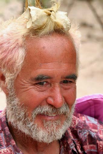 Tom, being wonderfully weird on a raft trip down the Colorado River he was leading, put on a Bone headpiece.