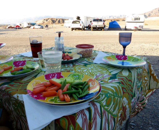 This is the same lot at Furnace Creek where my tent had flying lessons. Ken, Leslie, Peggy and I were about to enjoy afternoon snacks.