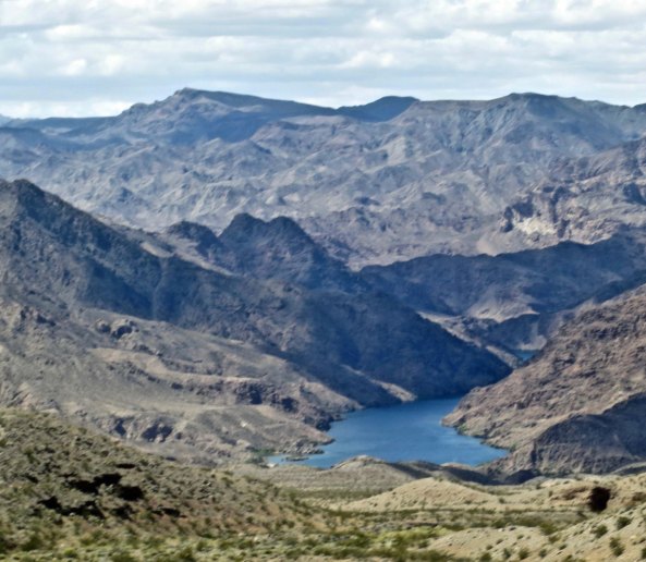 Looking down on the Colorado River from a viewpoint on the Las Vegas-Kingman road.