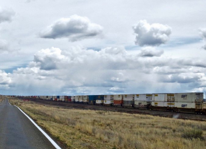 The railroad tracks came closer to the road just outside of Seligman. This happens to be one of the busiest freight lines in America. When I traveled through it was the Santa Fe Railroad of Aitchison, Topeka and Santa Fe fame. Now it is part of the Burlington North Santa Fe Railroad one by Warren Buffet.