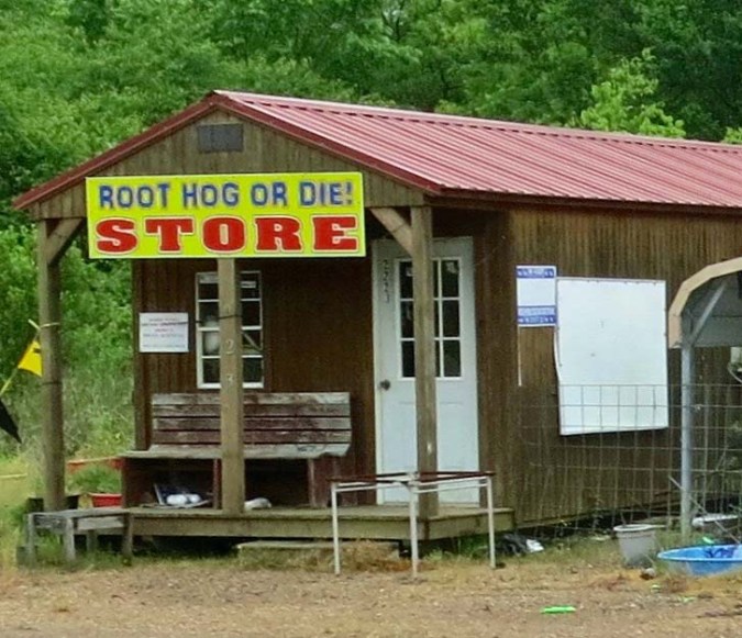 This was an interesting little store that Peggy and I found along the road. It sent me scurrying to the Internet to find out if there was anything on Root Hog or Die. I thought maybe the owner was an Arkansas Razorback fan. Turns out the phrase dates back to the early 1800s when hogs were turned loose in the woods to survive on their own. It came to mean self-reliance.